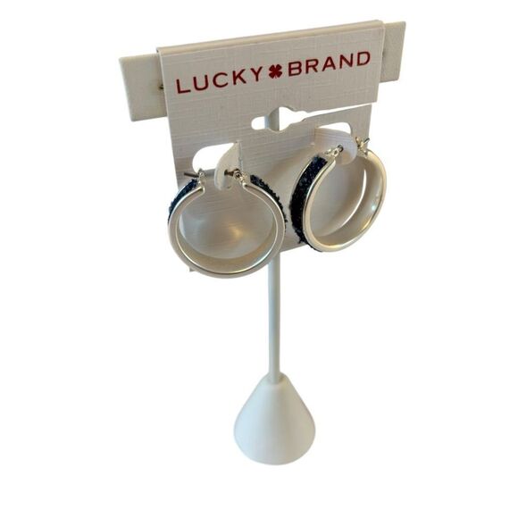 Matte Silver Toned Denim Hoop Earrings - Picture 2 of 5